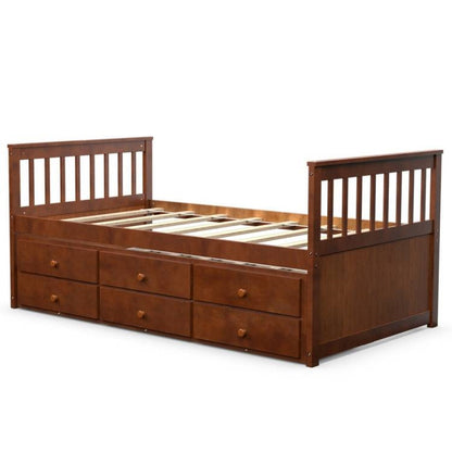 Walnut Twin/Twin Captains Bed with Pull Out and 3 Drawer Storage