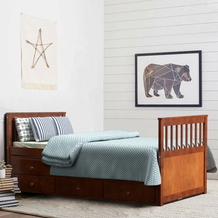 Walnut Twin/Twin Captains Bed with Pull Out and 3 Drawer Storage