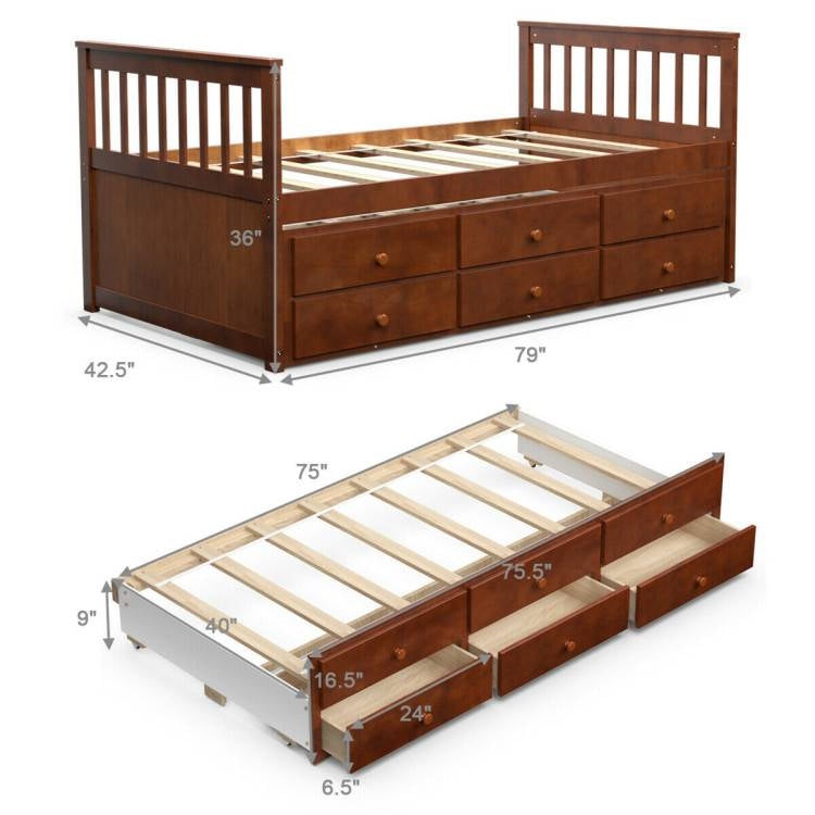 Walnut Twin/Twin Captains Bed with Pull Out and 3 Drawer Storage