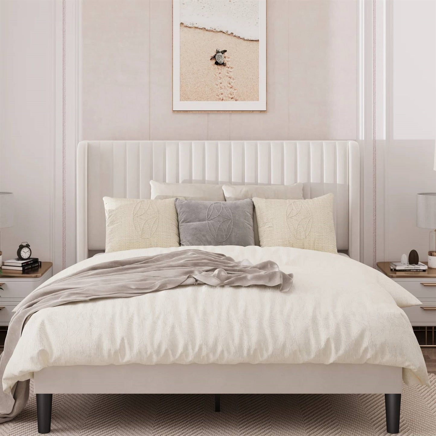 Queen size White Velvet Upholstered Platform Bed Frame with Wingback Headboard