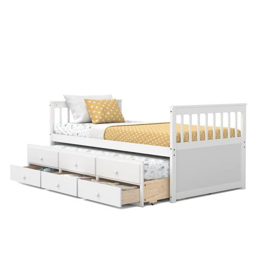 White Twin/Twin Captains Bed with Pull Out and 3 Drawer Storage