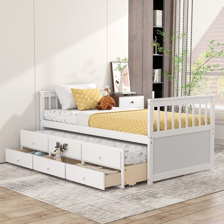 White Twin/Twin Captains Bed with Pull Out and 3 Drawer Storage