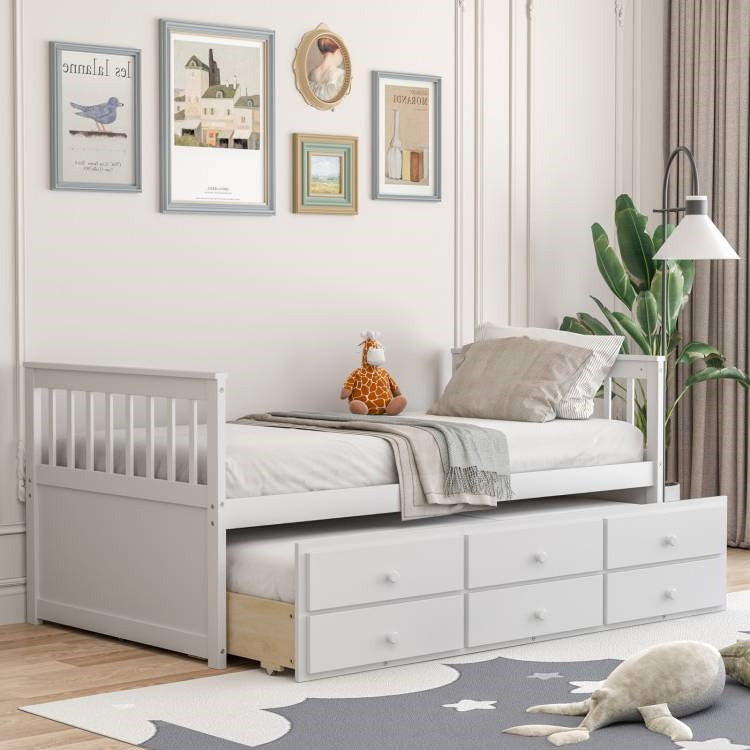 White Twin/Twin Captains Bed with Pull Out and 3 Drawer Storage