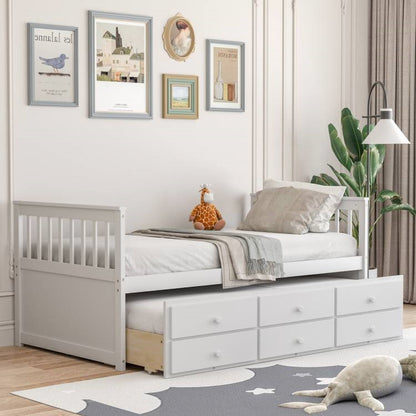White Twin/Twin Captains Bed with Pull Out and 3 Drawer Storage