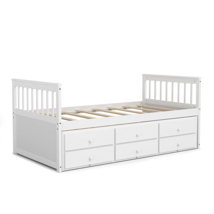 White Twin/Twin Captains Bed with Pull Out and 3 Drawer Storage