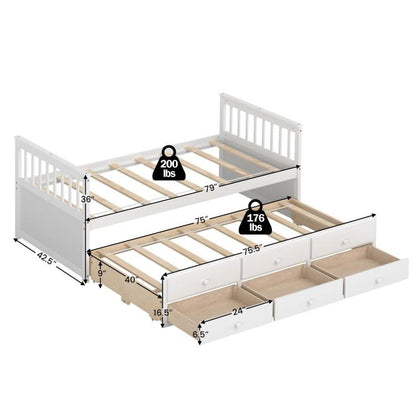 White Twin/Twin Captains Bed with Pull Out and 3 Drawer Storage