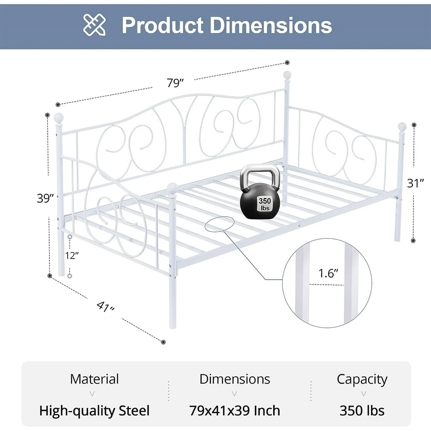 Twin size Victorian White Metal Daybed Frame - 350 lbs. Weight Capacity