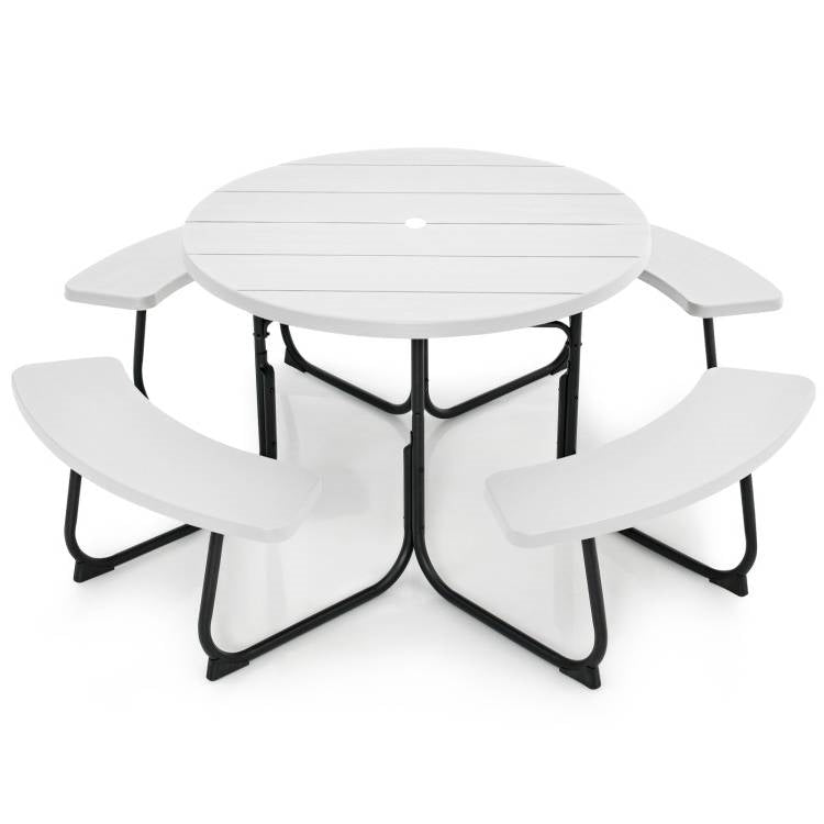 White All Weather 8 Seater Picnic Table Umbrella Hole