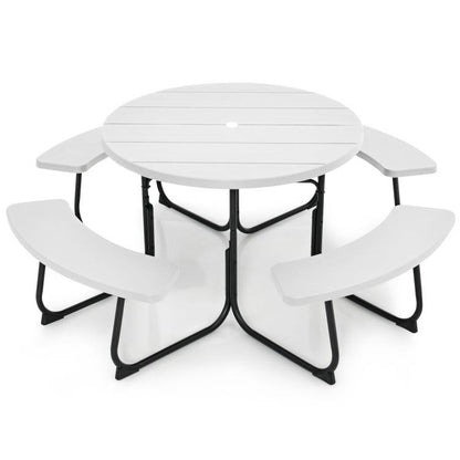 White All Weather 8 Seater Picnic Table Umbrella Hole