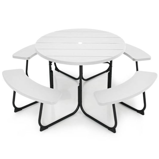 White All Weather 8 Seater Picnic Table Umbrella Hole
