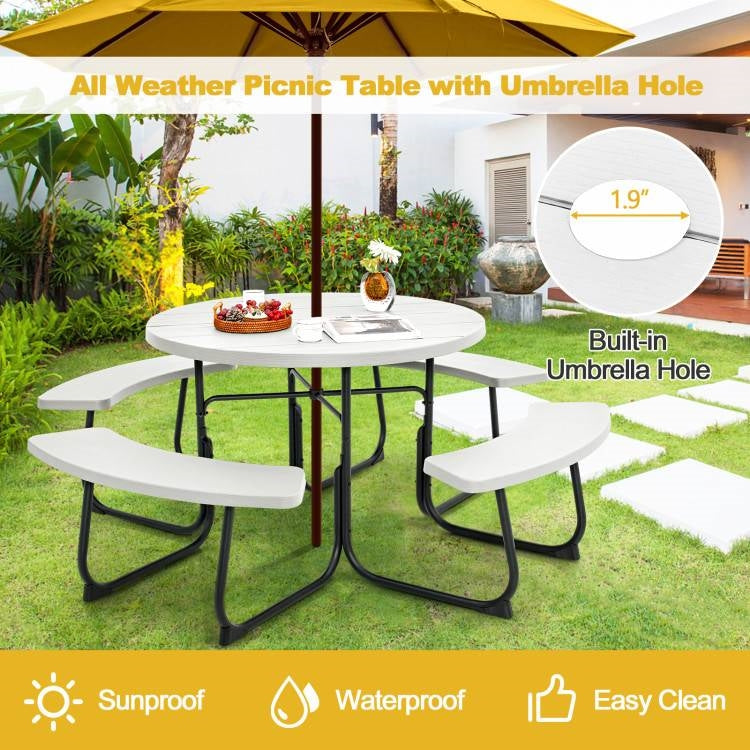 White All Weather 8 Seater Picnic Table Umbrella Hole