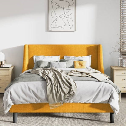 King Size Upholstered Linen Headboard Wingback Platform Bed in Yellow