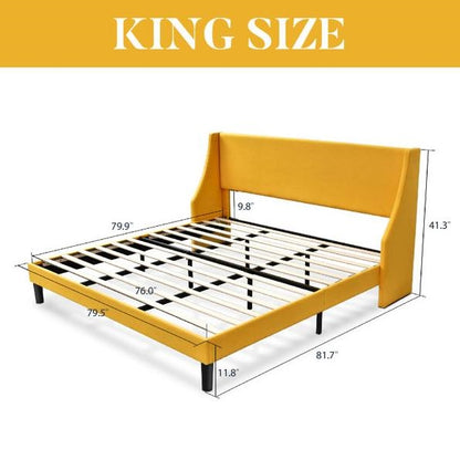 King Size Upholstered Linen Headboard Wingback Platform Bed in Yellow