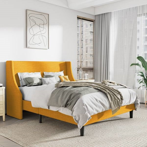 Queen Size Upholstered Linen Headboard Wingback Platform Bed in Yellow