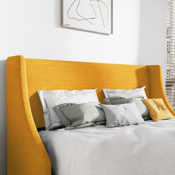 Queen Size Upholstered Linen Headboard Wingback Platform Bed in Yellow