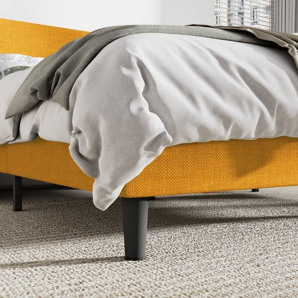 Queen Size Upholstered Linen Headboard Wingback Platform Bed in Yellow