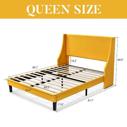 Queen Size Upholstered Linen Headboard Wingback Platform Bed in Yellow