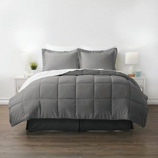 California King Microfiber Baffle-Box 6-Piece Reversible Bed In A Bag in Grey