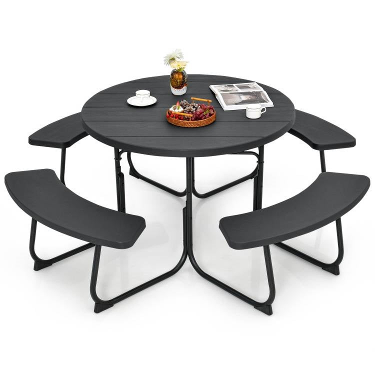 Black All Weather 8 Seater Picnic Table Umbrella Hole