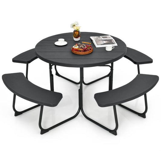 Black All Weather 8 Seater Picnic Table Umbrella Hole