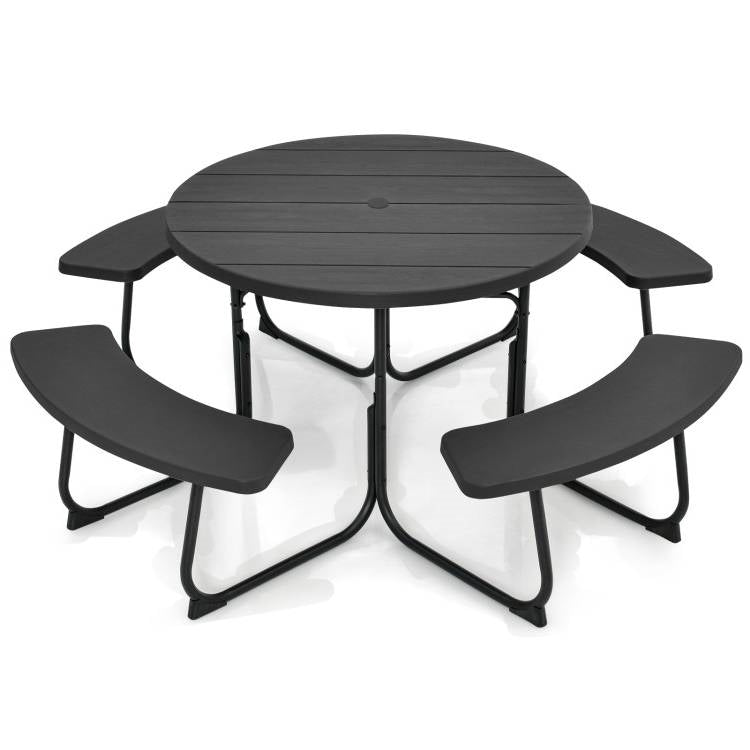 Black All Weather 8 Seater Picnic Table Umbrella Hole