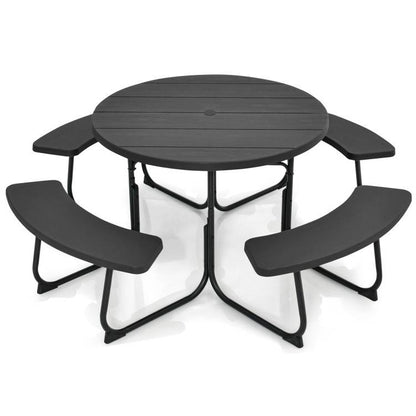 Black All Weather 8 Seater Picnic Table Umbrella Hole
