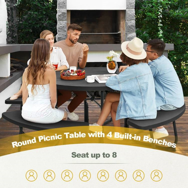Black All Weather 8 Seater Picnic Table Umbrella Hole