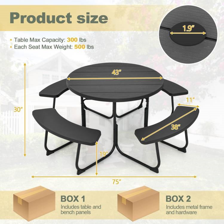 Black All Weather 8 Seater Picnic Table Umbrella Hole