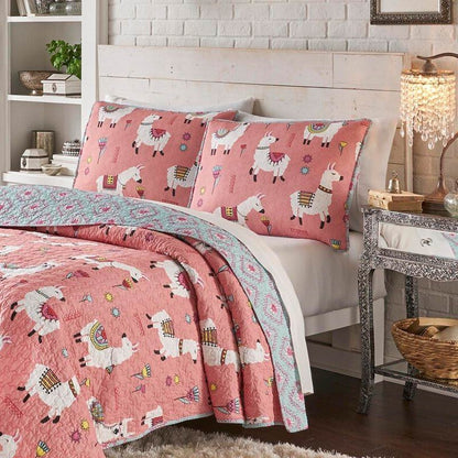 King Size Pink Blue Reversible Floral Llama Cotton Quilt Set