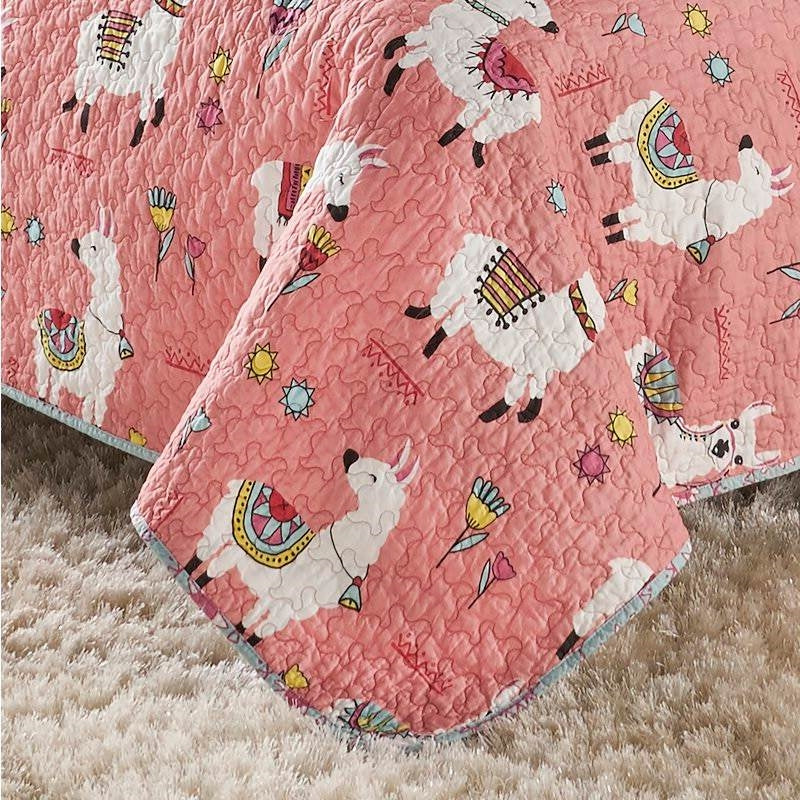 King Size Pink Blue Reversible Floral Llama Cotton Quilt Set