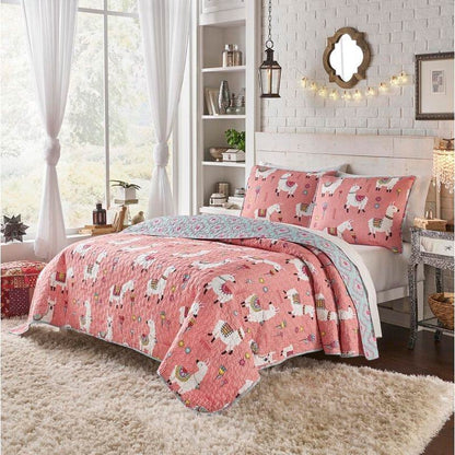 King Size Pink Blue Reversible Floral Llama Cotton Quilt Set