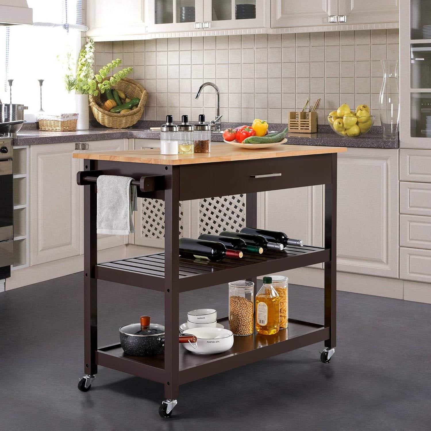 Brown Kitchen Island Cart with Wood Top 2-Shelves Drawer and Locking Wheels