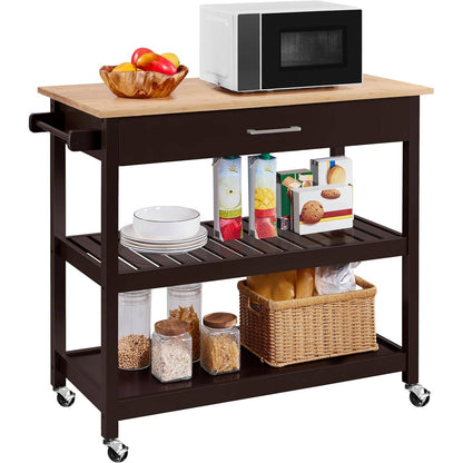 Brown Kitchen Island Cart with Wood Top 2-Shelves Drawer and Locking Wheels