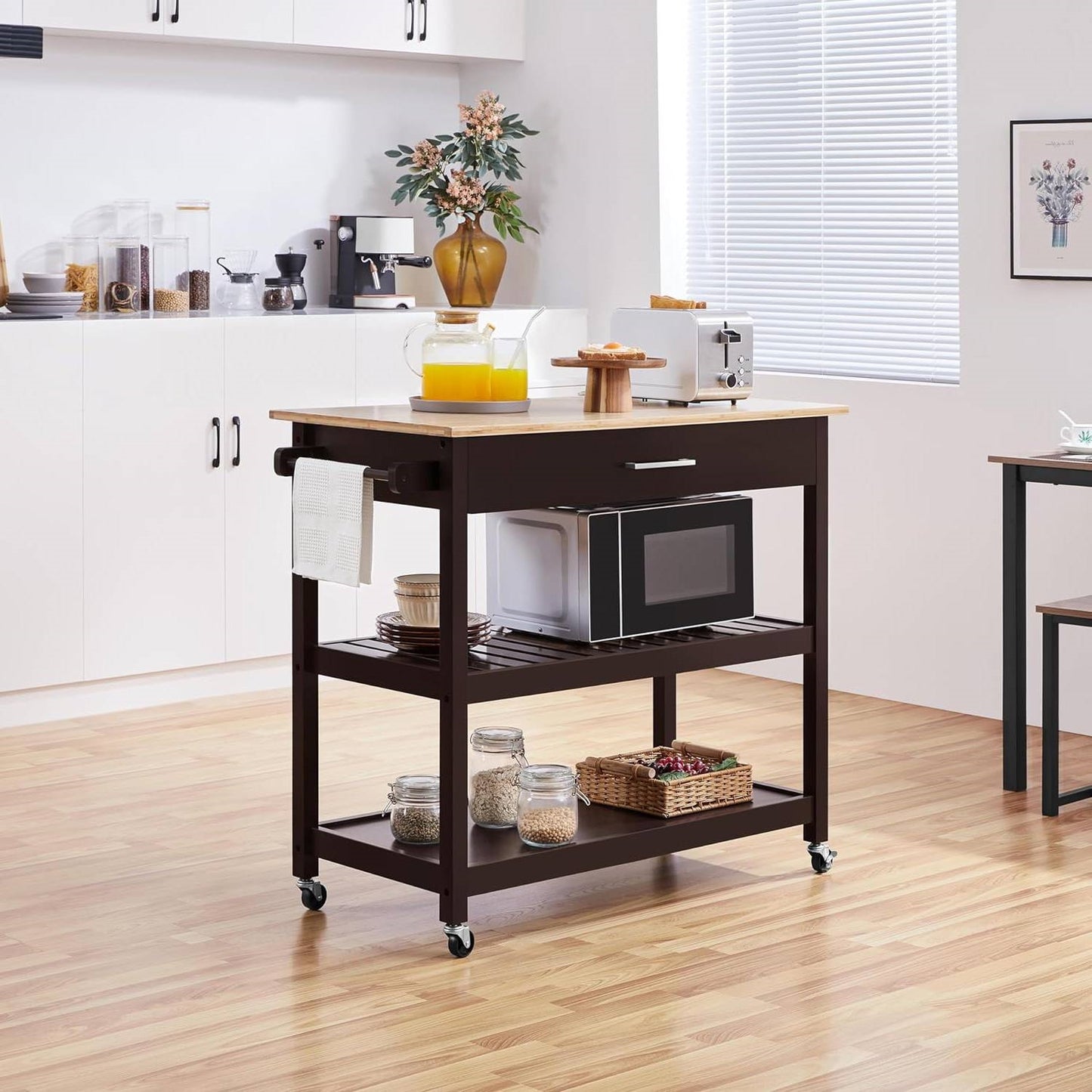 Brown Kitchen Island Cart with Wood Top 2-Shelves Drawer and Locking Wheels