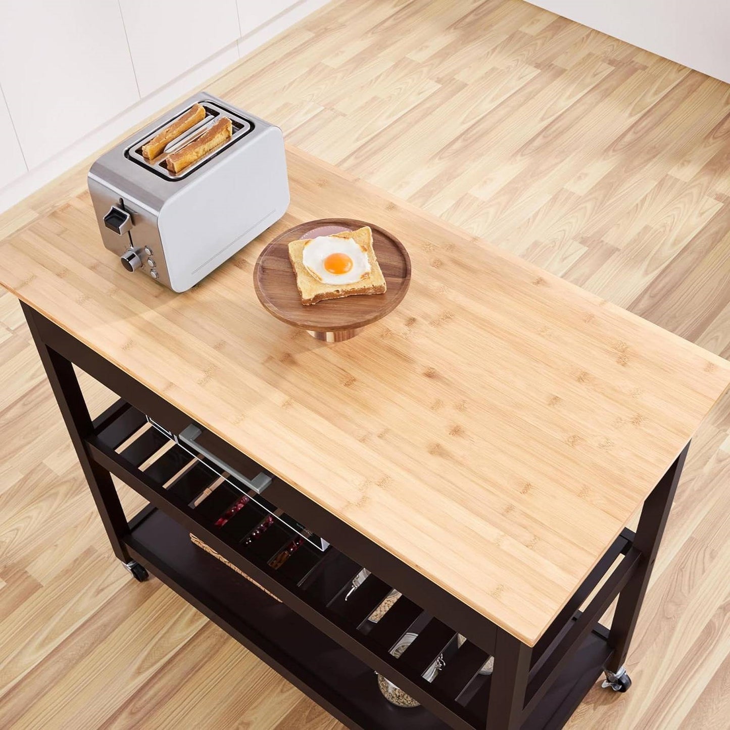 Brown Kitchen Island Cart with Wood Top 2-Shelves Drawer and Locking Wheels