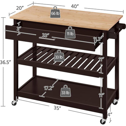 Brown Kitchen Island Cart with Wood Top 2-Shelves Drawer and Locking Wheels