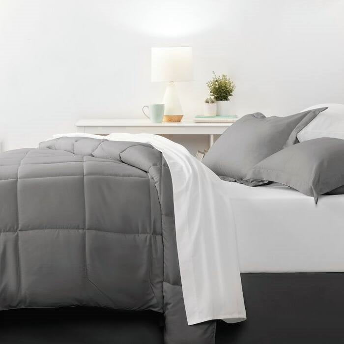 Twin XL Size Microfiber Baffle-Box 6-Piece Reversible Bed In A Bag in Grey